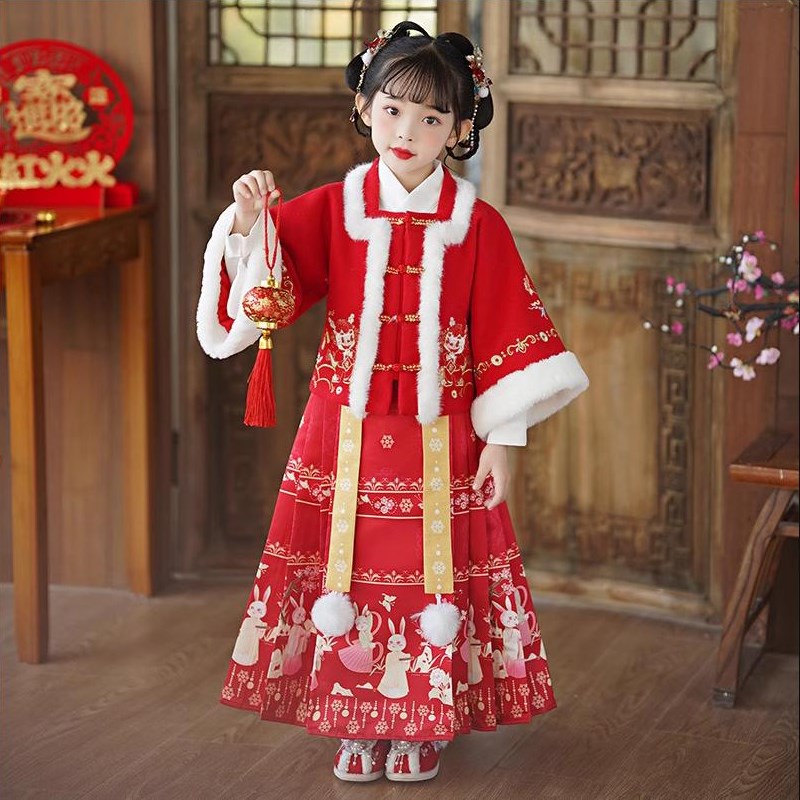 女童汉服冬款拜年服加厚儿童古风唐装中国风马面裙2024新年装冬装
