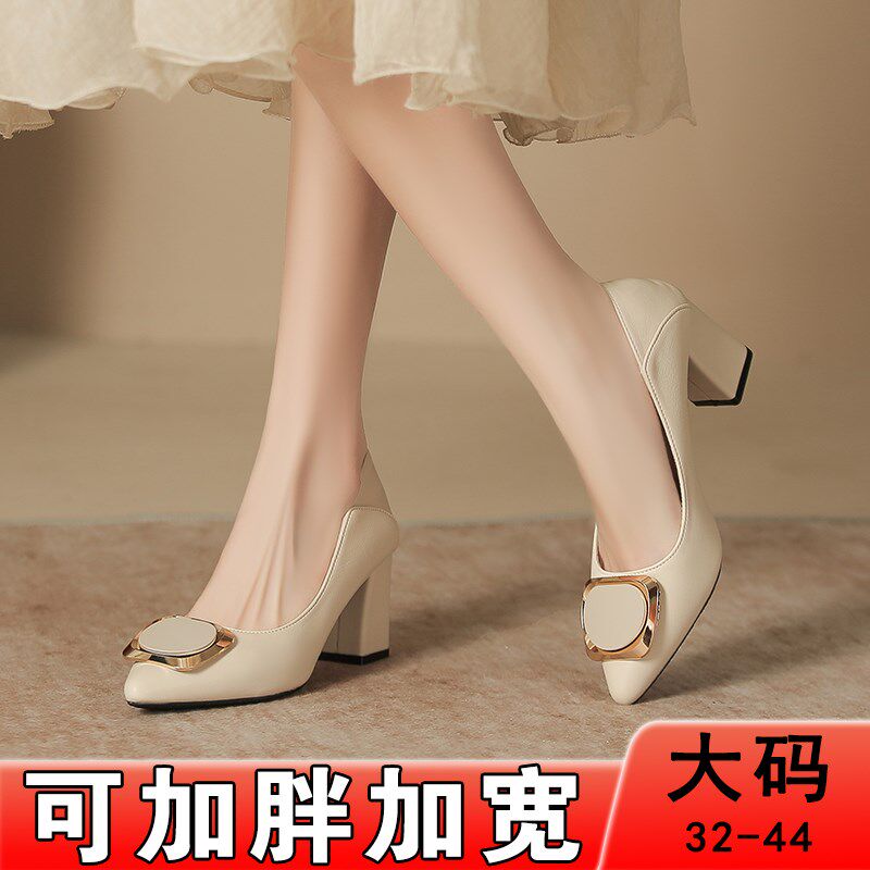 加宽高跟鞋女2025新款高脚背尖头配裙子的鞋气质百搭胖脚单鞋大码
