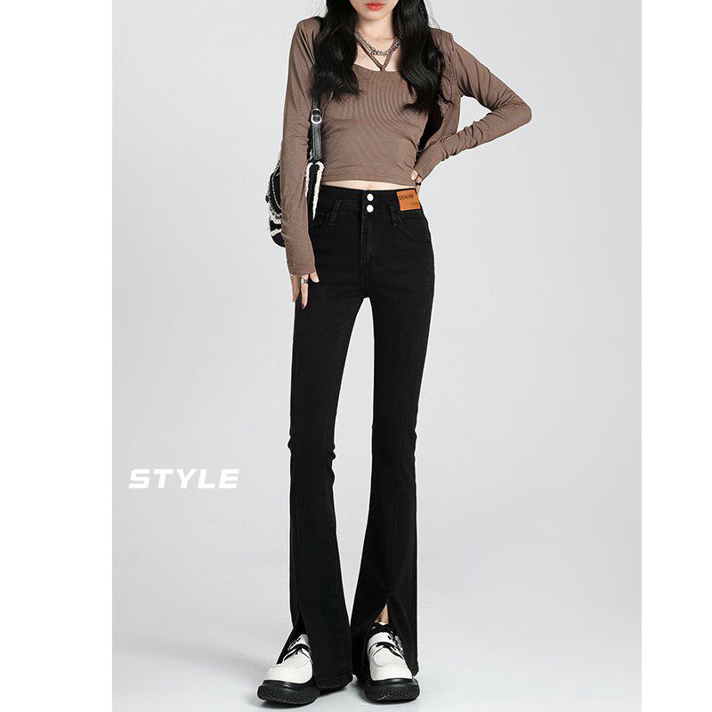 黑色微喇叭开叉牛仔裤女春秋夏季2025新款小众高腰直筒小个子裤子