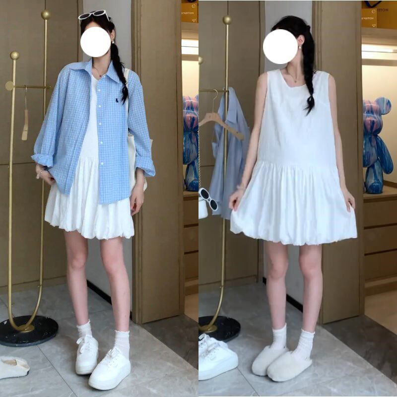 2025年夏季新款孕妇两件套格子刺绣外套显瘦花苞背心裙休闲百搭女