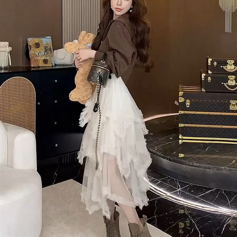 韩版高级感时尚气质中长款收腰显瘦不规则蕾丝半身裙女夏网纱裙子
