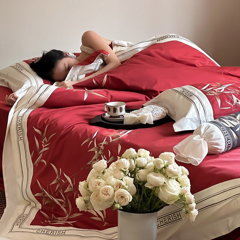 中式风婚庆澳棉全棉四件套国风竹子刺绣N结婚被套喜嫁床品红色