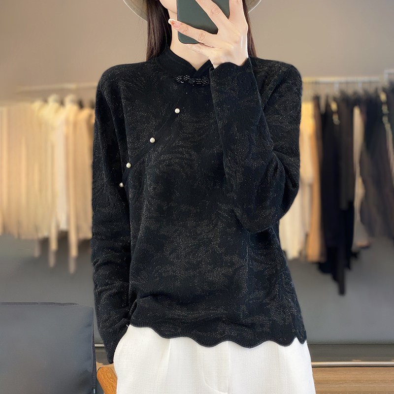 胖mm秋冬2025新款针织衫女新中式上衣蕾丝大尺码薄款毛衣黑色打底
