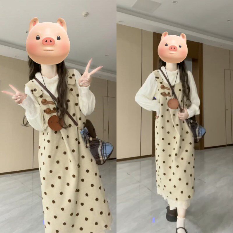 孕妇装秋冬新款设计感宽松时尚外穿百搭高级感圆点背心裙女两件套