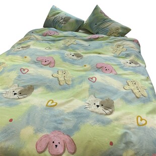 小清新蜡笔画小猫小兔被套被v罩单件单双人全棉宿舍180x220cm