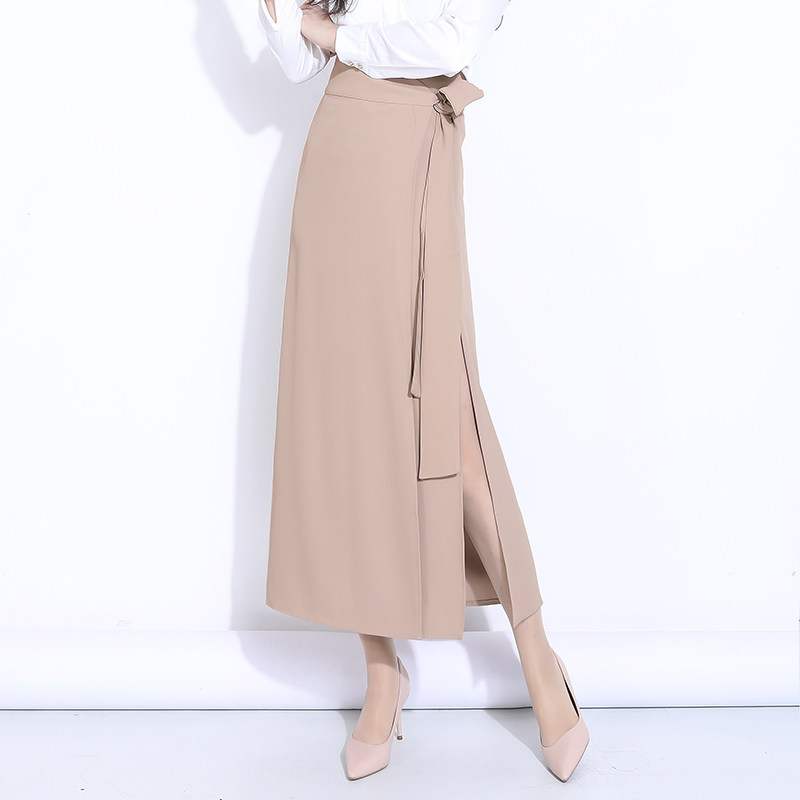 一片式系带西装半裙女2025春夏季垂感冰丝长裙高腰气质通勤半身裙