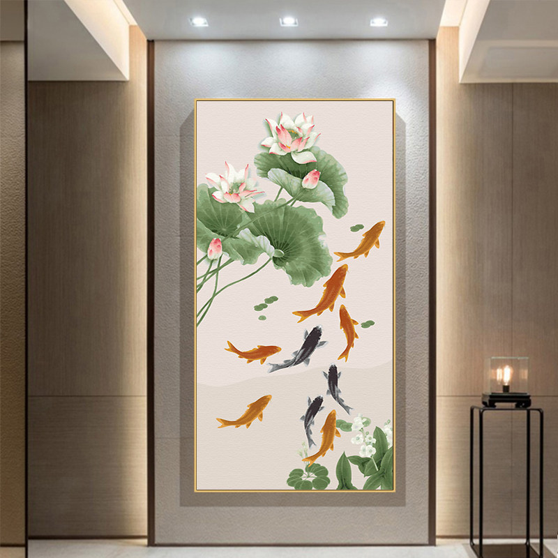 入户玄关九鱼图竖版DIY数字油画新中式客厅挂画招财寓意好装饰画