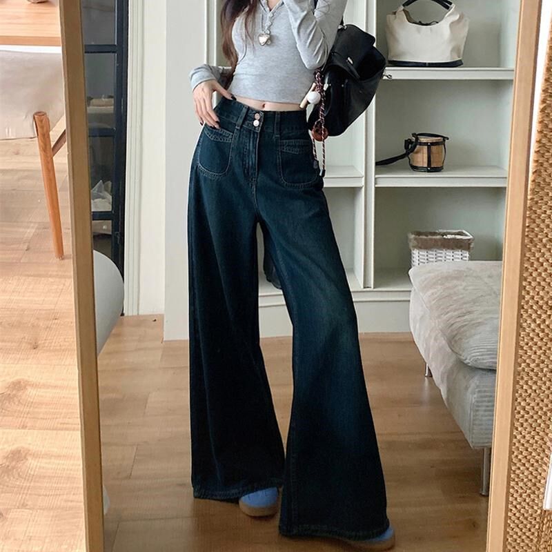 复古蓝直筒牛仔裤女秋冬新款大码胖妹妹mm高腰宽松遮胯阔腿长裤子