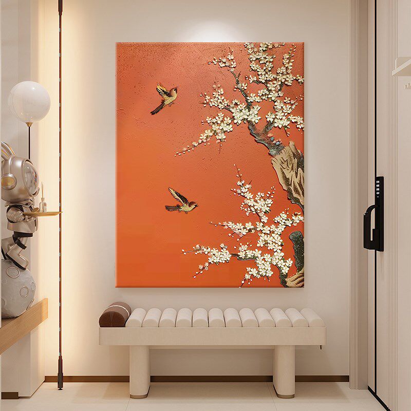 新中式花鸟手绘油画中国风大气办公室装饰画抽象花卉客厅玄关挂画