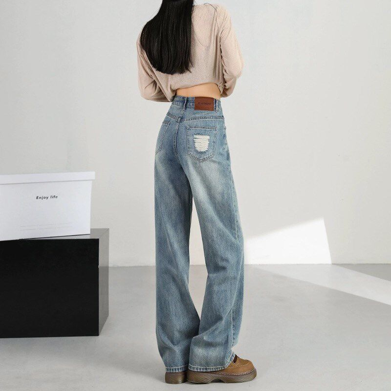 浅色复古阔腿牛仔裤女薄款夏季2025年新款高腰直筒裤显瘦拖地裤子
