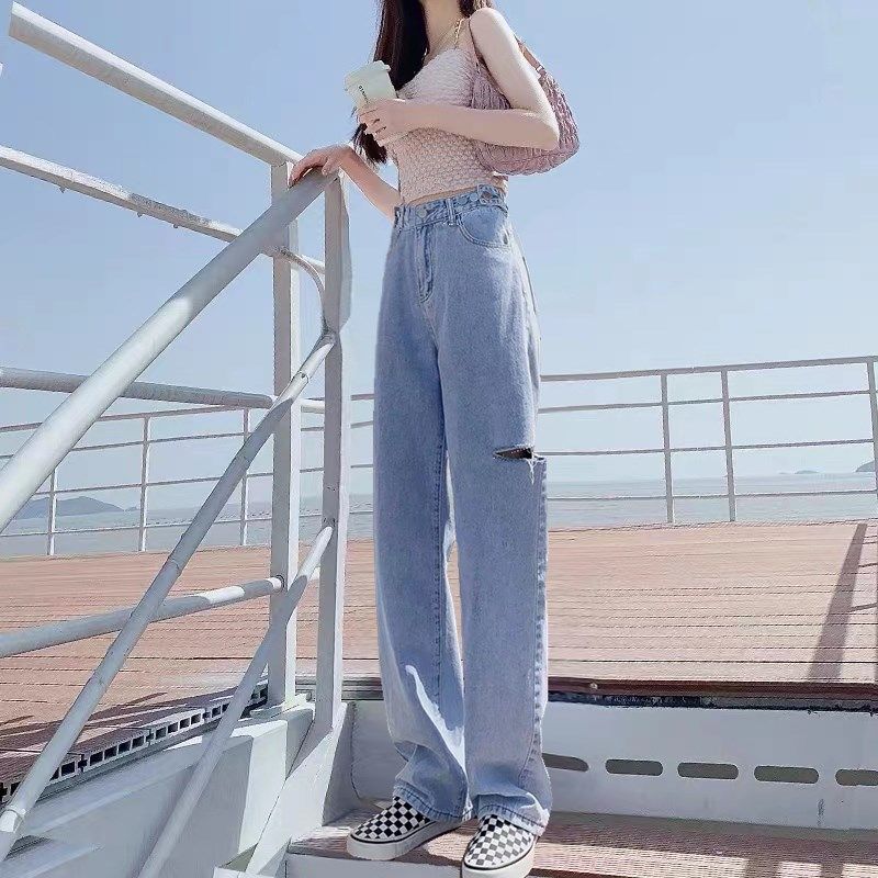 破洞牛仔裤女2025春秋冬季高腰设计感小众乞丐直筒宽松阔腿拖地裤