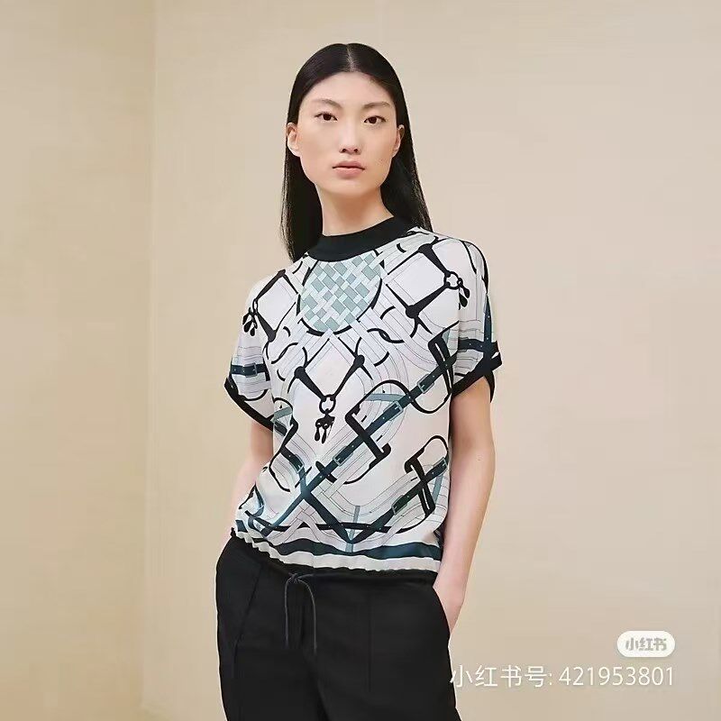 夏季新款链条印花真丝斜纹绸下摆抽绳拼接针织宽松上衣短袖T恤