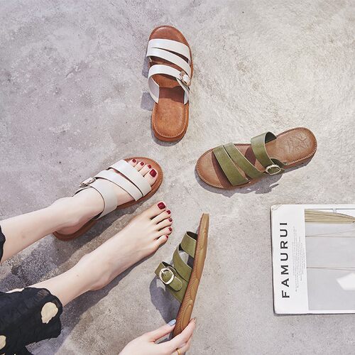 真皮透气平底拖鞋女头层牛皮2021夏季新款韩版简约皮带扣显瘦凉拖