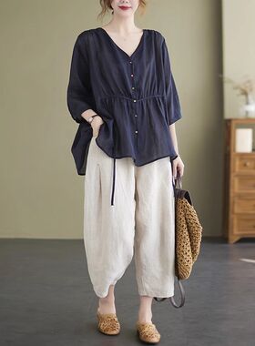 中年妈妈夏装棉麻套装夏季新款休闲衬衣遮肚子大码女装减龄两件套