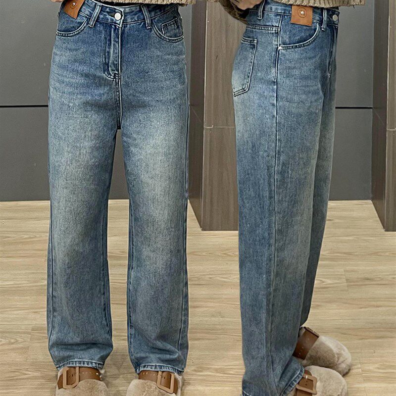 复古蓝阔腿直筒牛仔裤女大码胖妹妹梨形身材2024年新款烟管拖地裤