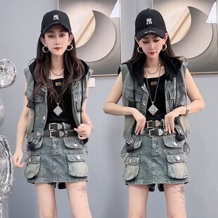 个性 复古牛仔连帽马甲短裤 潮流时尚 女夏爆款 裙两件套 套装 2024韩版