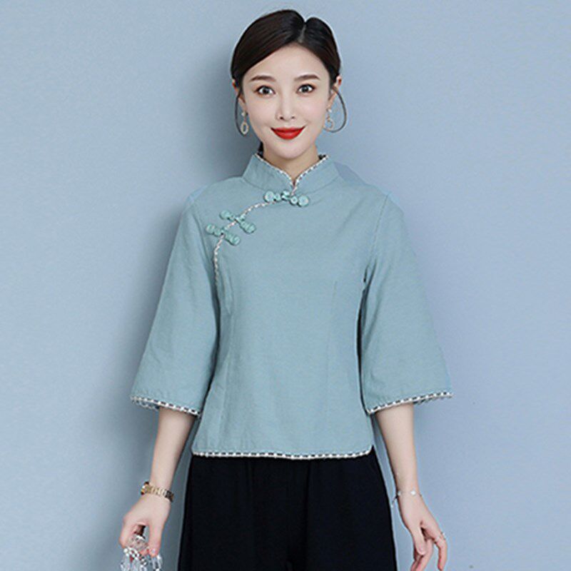 中国风汉服改良旗袍式唐装上衣禅意采耳工作服禅修棉麻茶服两件套