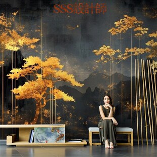 新中式复古高级感艺术墙布立体金色树林风景壁纸背景墙纸定制壁画