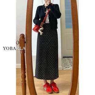 黑色波点西装半身裙女春秋胖mm大码遮肚显瘦梨形身材中长款a字裙