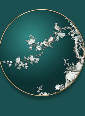 新中式玄关装饰画客厅背景墙壁画现代轻奢金银箔花鸟圆形餐厅挂画
