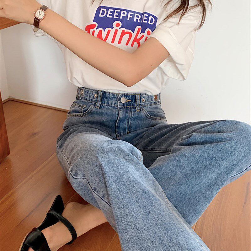 高腰阔腿裤女高腰垂感牛仔裤直筒宽松浅色九分长裤多扣可调节腰