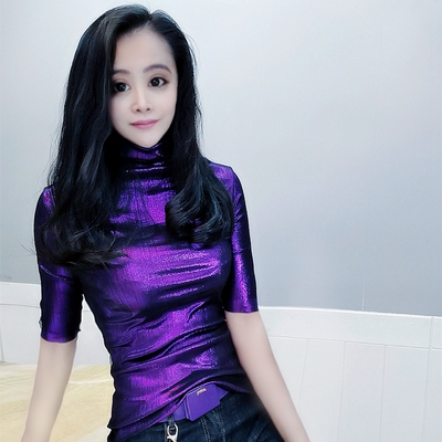 欧货2023新款洋气打底衫女高领亮面金属色五分袖网纱烫金修身小衫