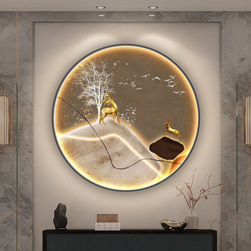 入户玄关装饰画圆形带灯发光画石来运转客厅餐厅背景墙画轻奢大气