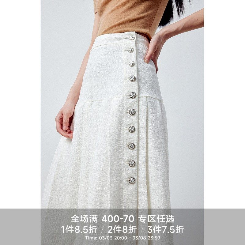 (棘光 多件多折)圈圈纱侧门襟 百褶长裙夏季高腰显瘦半身裙子女