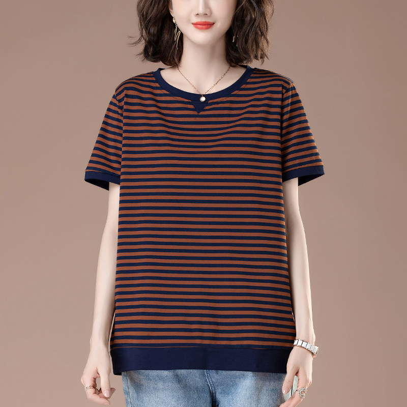 纯棉短袖T恤女条纹夏季宽松加肥加大码女装中年妈妈休闲显瘦上衣