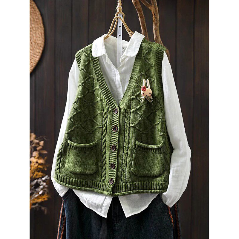 菱形双口袋V领棉线针织马甲背心女宽松显瘦春秋休闲外穿叠穿坎肩
