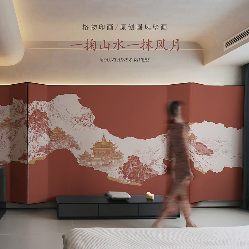 新中式国风楼阁壁纸轻奢简约火锅店背景墙纸饭店餐饮文化装修墙布