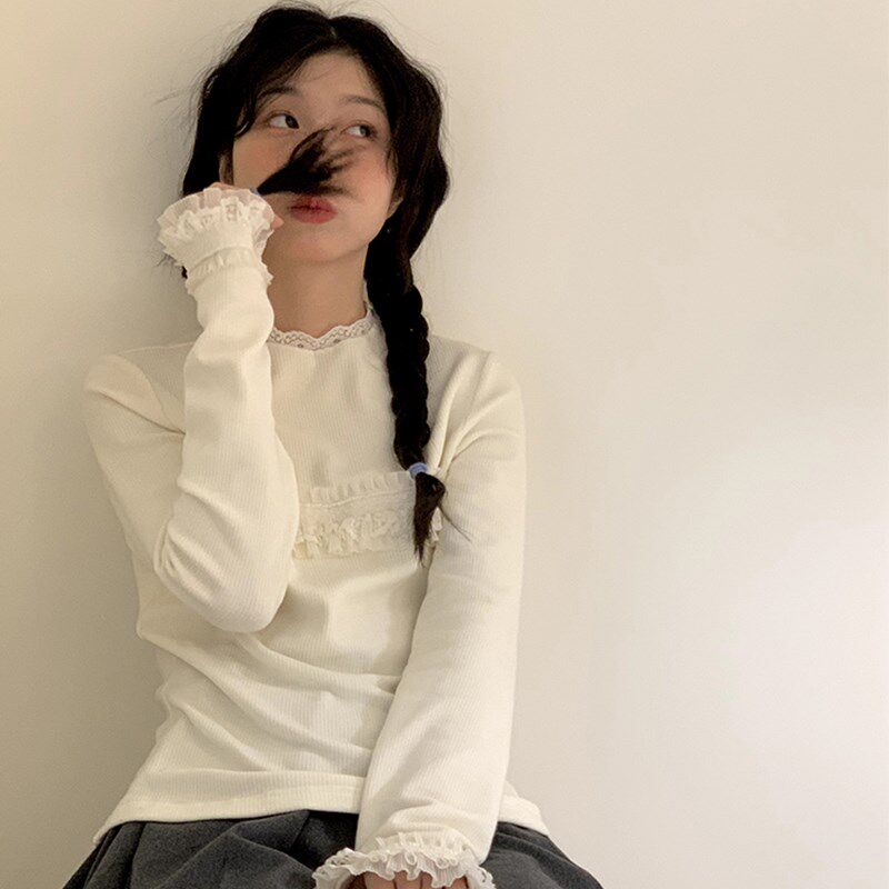 笺一 秋冬新款白色打底衫女拼接蕾丝花边长袖纯色内搭百搭T恤上衣