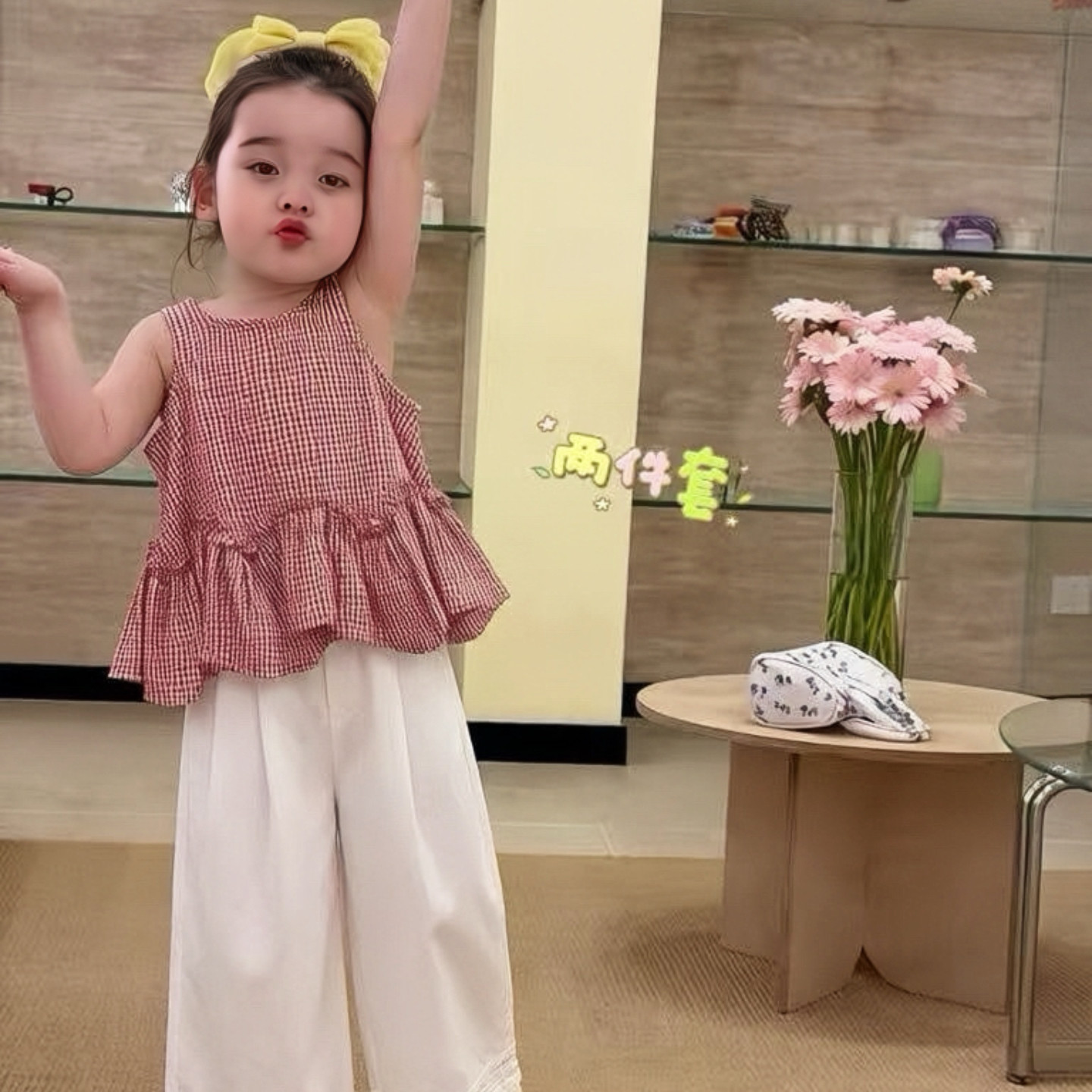 女童夏季韩版红格子娃娃衫两件套