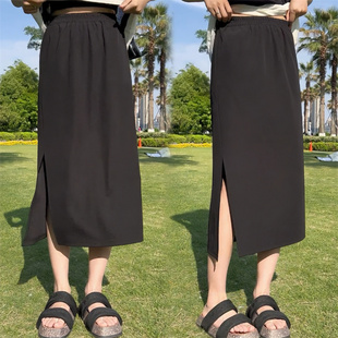 黑色垂感薄款半身裙女松紧高腰显瘦侧开叉2025夏季新款中长A字裙