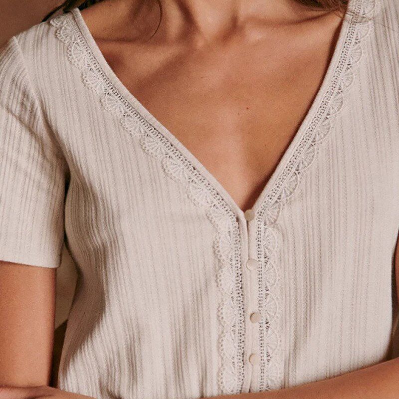 法式V领上衣女白色T恤设计感小众纯棉复古风短袖花边纯棉夏季夏装