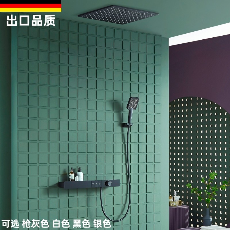 枪灰色恒温花洒套装浴室增压全铜暗装入墙式隐藏淋浴器置物架花洒