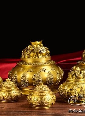 纯铜带盖聚宝盆摆件五路财神聚宝E金盆大小号家居工艺装饰礼品