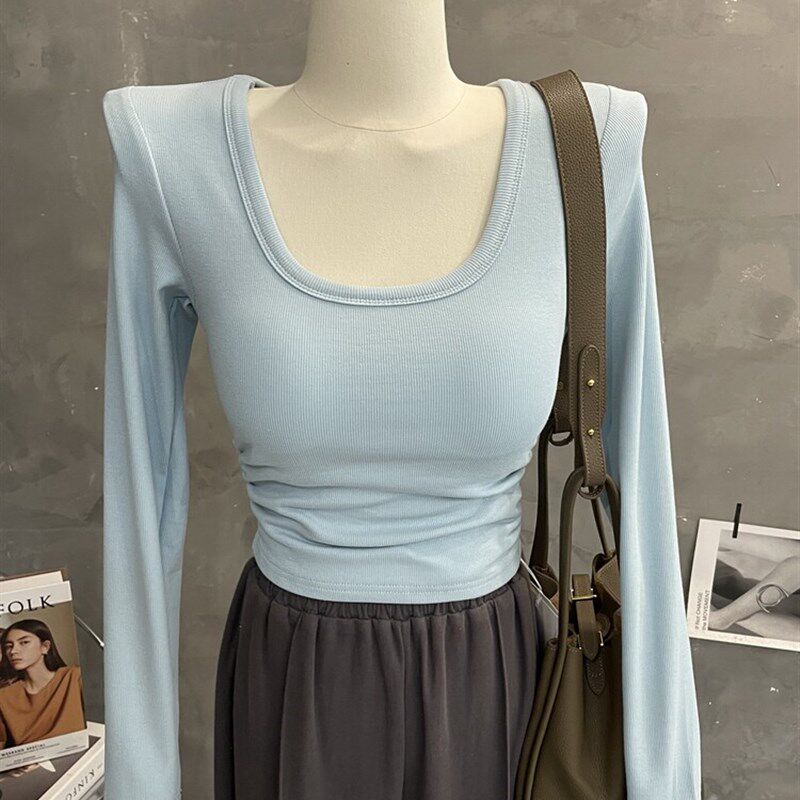 带胸垫~显白奶油蓝纯欲U领长袖T恤女收腰褶皱上衣短款打底衫纯色