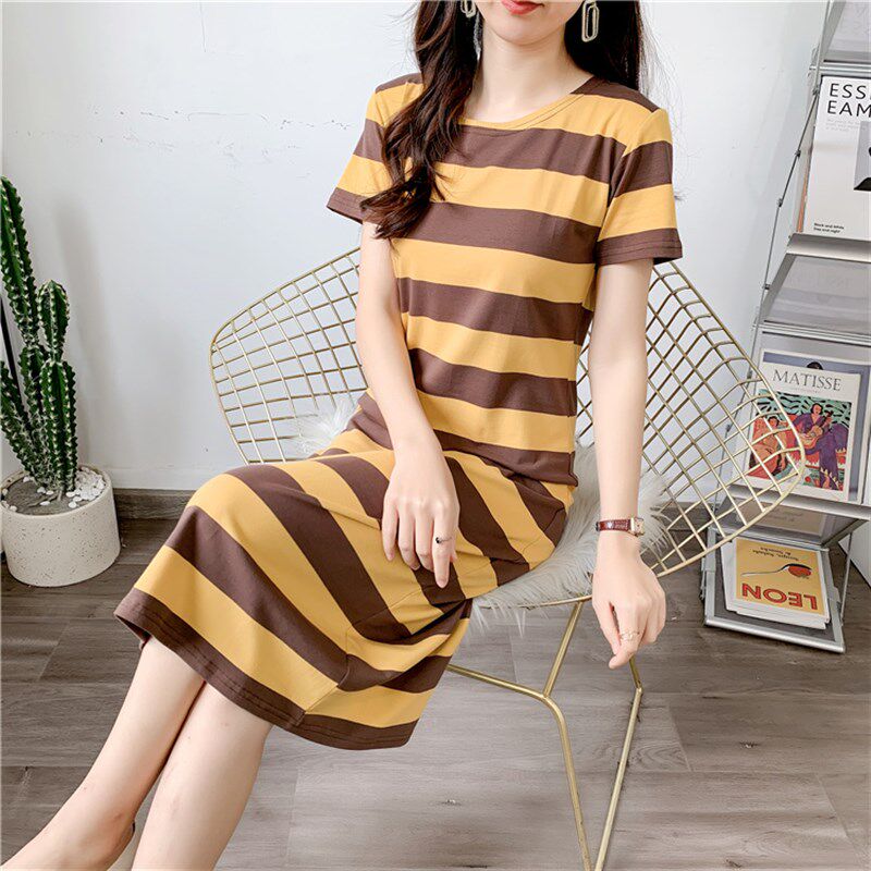 纯棉撞色条纹连衣裙新款女夏装大码修身显瘦中长款短袖T恤裙子