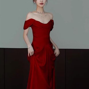 法式 礼服裙 红色一字肩缎面气质显瘦新娘结婚回门订婚宴会敬酒晚装