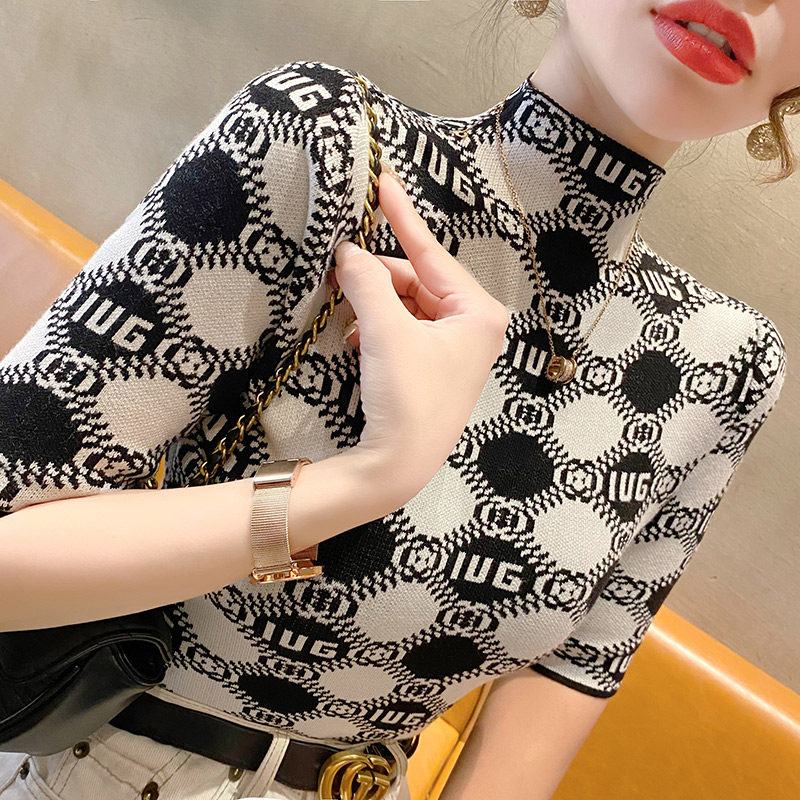 2023早春新款上衣中袖针织衫女内搭春装洋气修身半袖打底衫女装