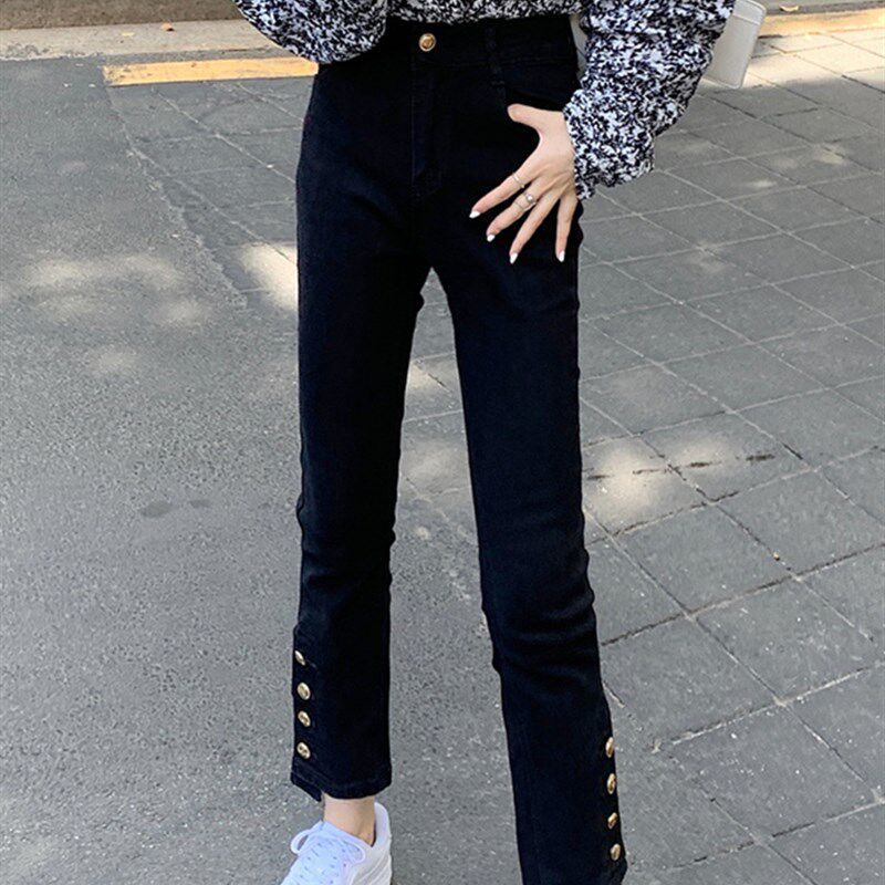 黑色直筒九分牛仔裤女早春高腰大码胖mm显瘦弹力小个子排扣烟管裤