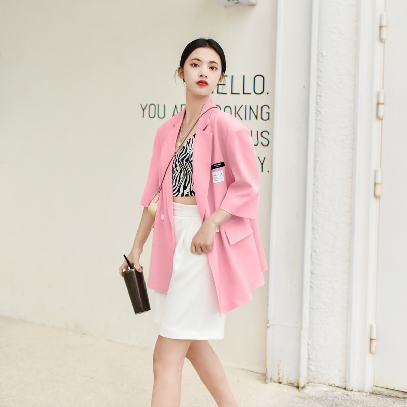 短袖西装外套女薄款夏季韩版宽松设计感防晒垂感休闲粉色小西服潮