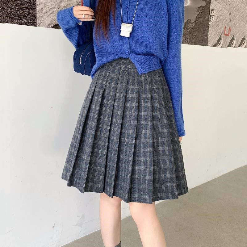 大码美式气质短裙灰格a字半身裙女复古毛呢裙格子百褶裙秋冬中裙