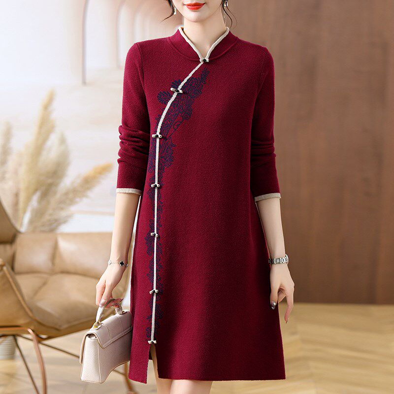 妈妈装毛衣新款旗袍打底衫中长款上衣中老年女装秋冬装羊毛连衣裙