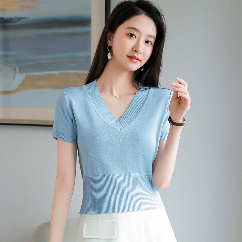 v领冰丝短袖t恤女夏季高腰薄款针织衫修身百搭小个子显高短款上衣