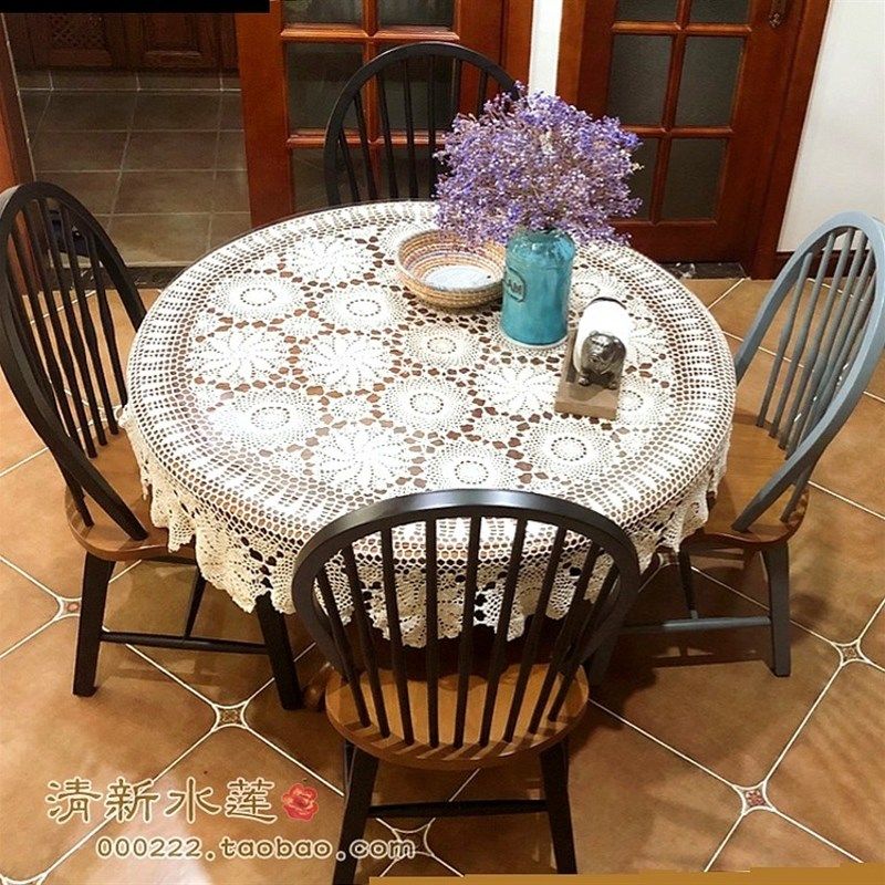 清新水莲手工钩针钩花美式中式B餐桌布怀旧编织台布圆形白米色