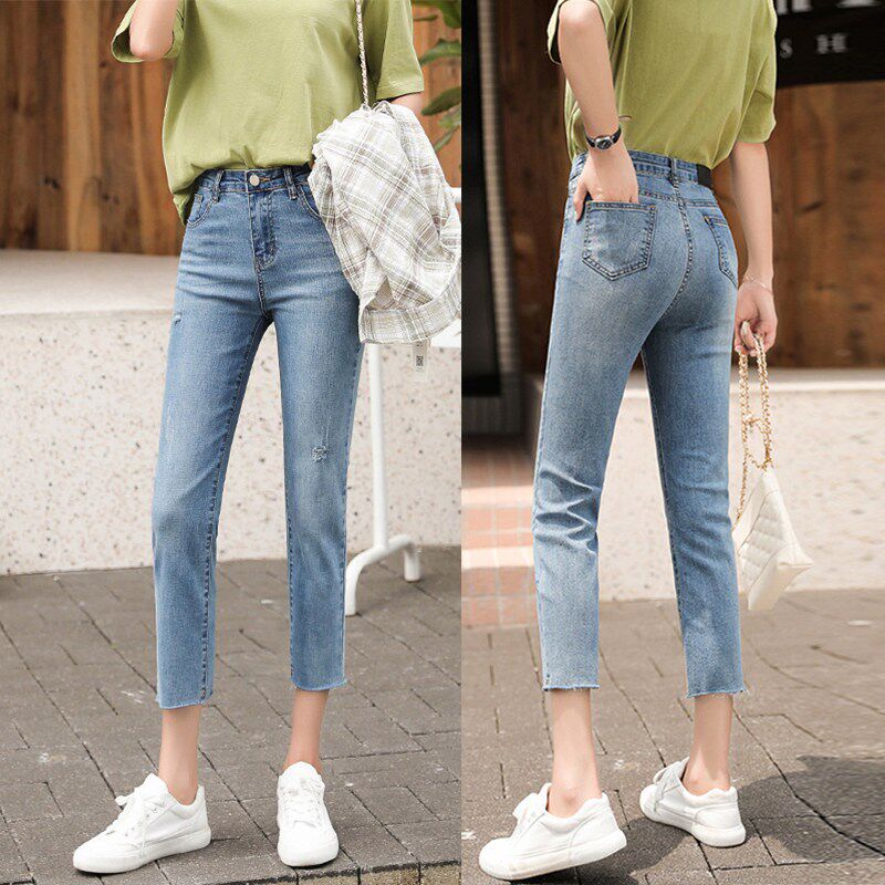 浅色高腰破洞牛仔裤女夏韩版百搭显瘦八分小个子宽松阔腿直筒九分