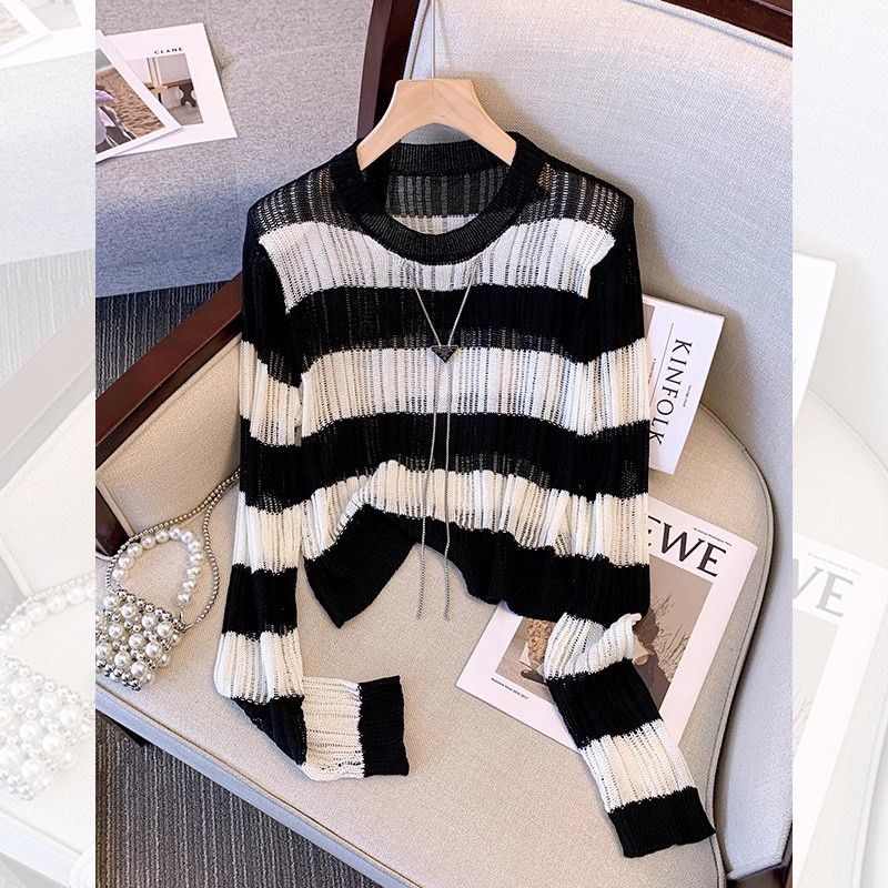 针织条纹镂空长袖T恤女薄款2025年新款早春秋季新款宽松短款小衫