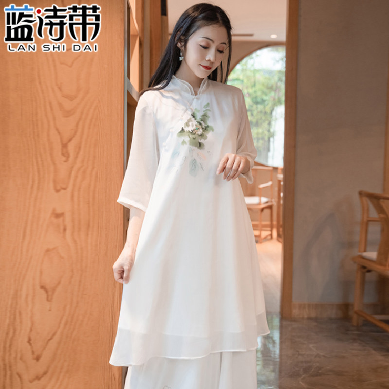 夏装中式禅意改良汉服旗袍印花雪纺连衣裙套装中国风两件套茶禅服